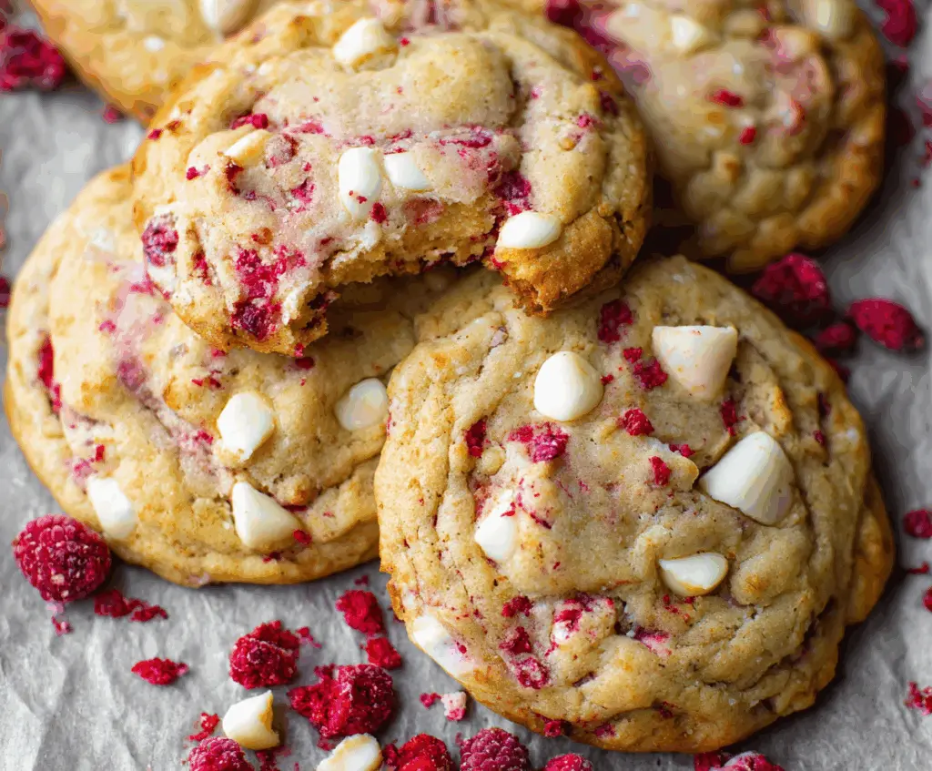 Delicious jumbo raspberry white chocolate cookies fresh out of the oven, showcasing vibrant raspberries and melted white chocolate.