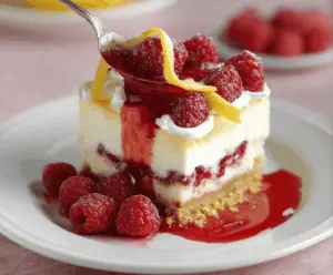 Delicious Lemon Raspberry Cheesecake garnished with fresh raspberries and lemon slices on a white plate.