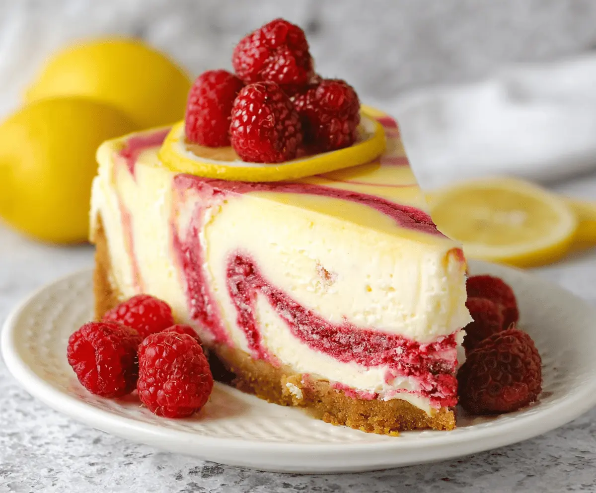 Creamy Lemon Raspberry Swirl Cheesecake with fresh berries and lemon zest topping.
