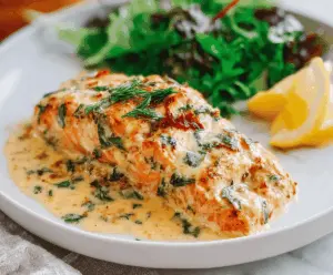 Delicious Marry Me Creamy Herb Salmon topped with fresh herbs and served with a rich garlic butter sauce.