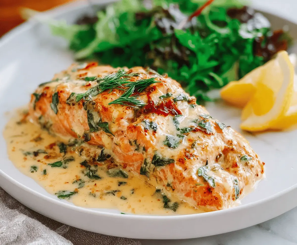 Delicious Marry Me Creamy Herb Salmon topped with fresh herbs and served with a rich garlic butter sauce.