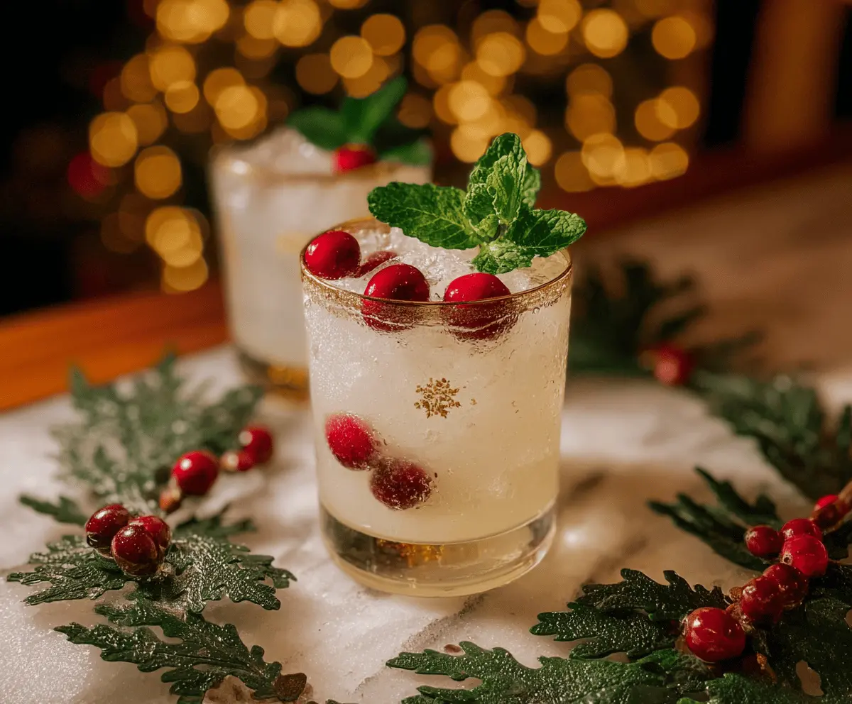 Festive Merry Mistletoe Cocktail in a stylish glass, garnished with mistletoe leaves for holiday celebration.