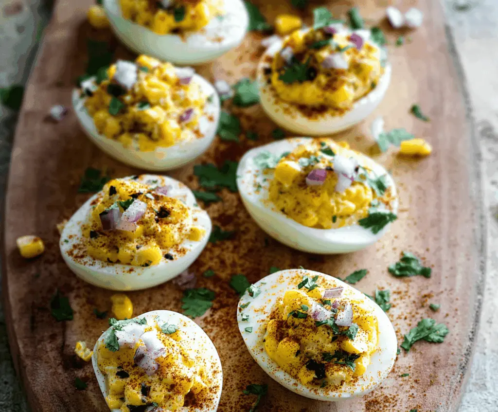 Delicious Mexican Street Corn Deviled Eggs with creamy filling and sprinkled cheese, perfect for appetizers.