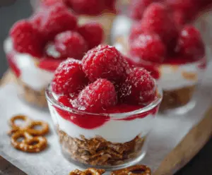 Delicious No-Bake Raspberry Pretzel Cups with fresh raspberries and a crunchy pretzel crust