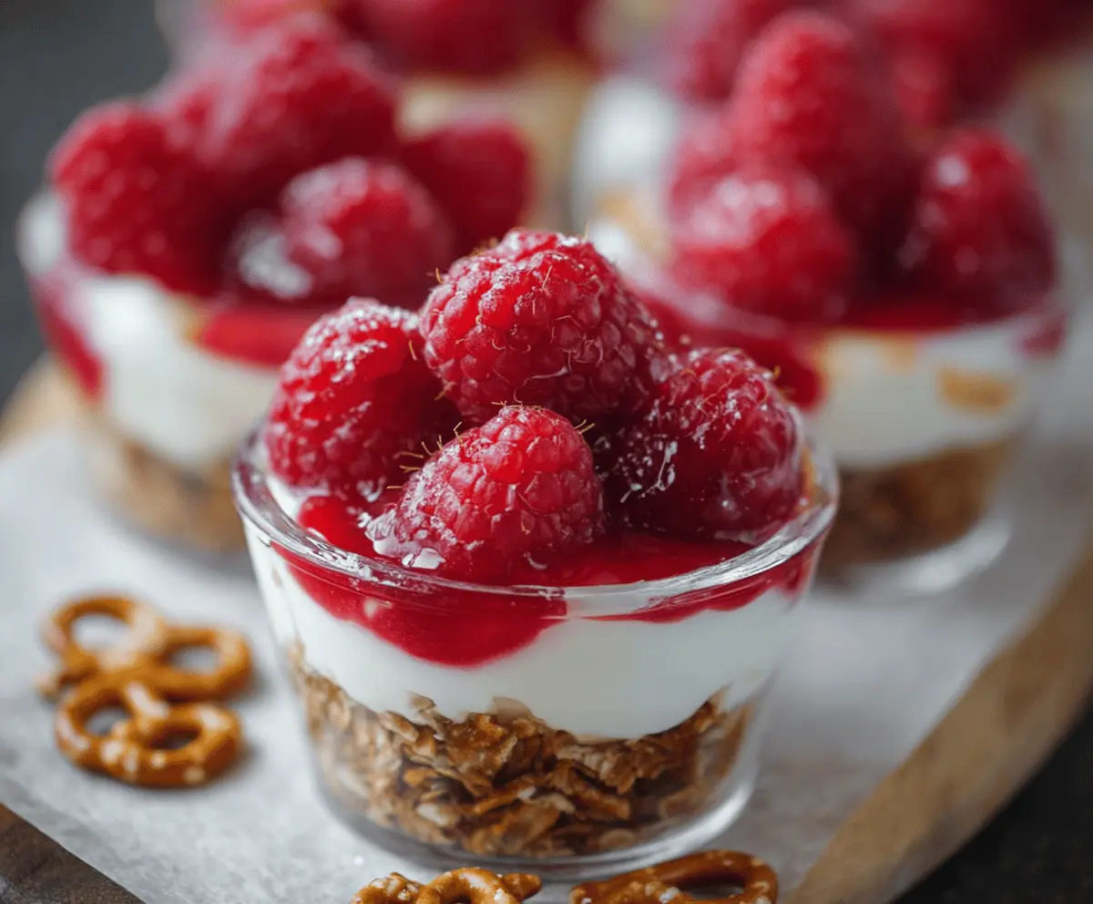 Delicious No-Bake Raspberry Pretzel Cups with fresh raspberries and a crunchy pretzel crust
