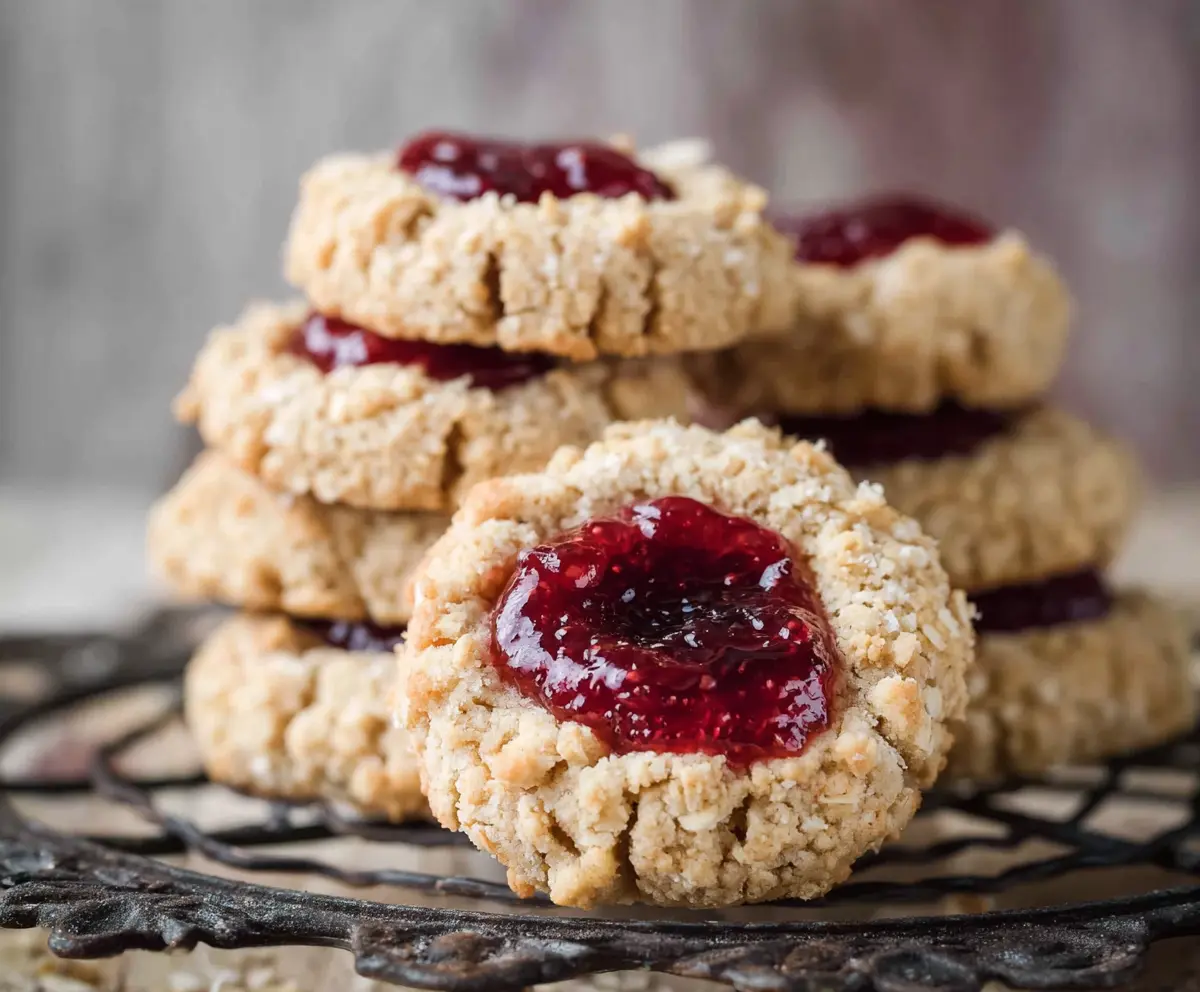 Delicious oatmeal raspberry jam thumbprint cookies on a white plate, perfect for tea time.
