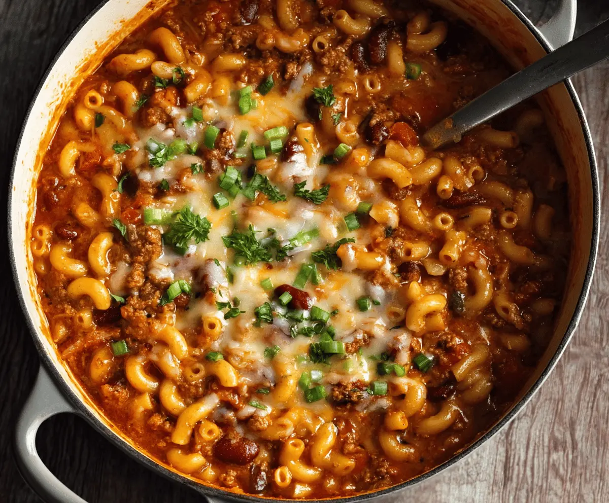 Delicious one pot chili mac and cheese served in a bowl with melted cheese and hearty chili.