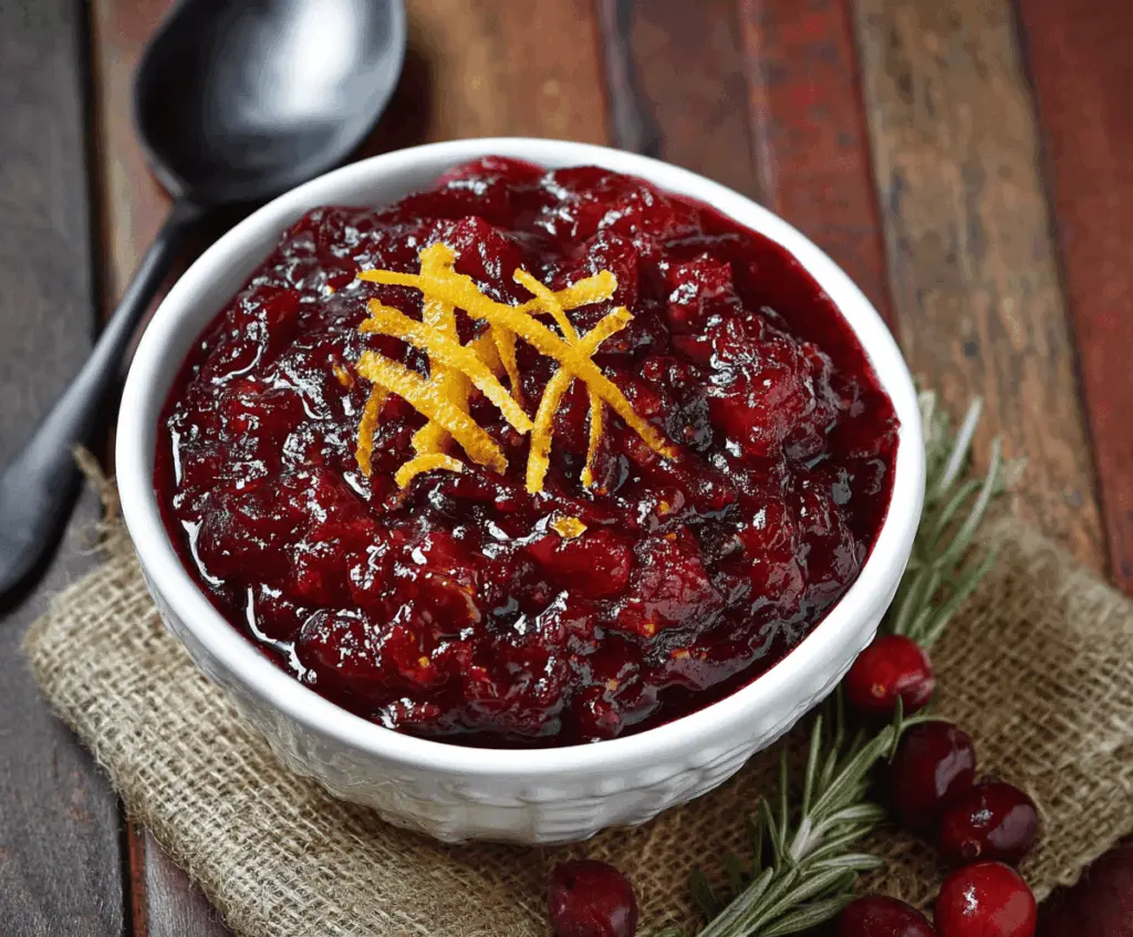 Orange Amaretto Cranberry Sauce served in a glass bowl with fresh cranberries and orange slices for a festive holiday presentation