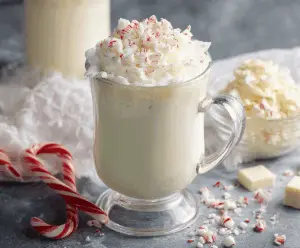 Creamy peppermint white hot chocolate topped with whipped cream and crushed peppermint candies.
