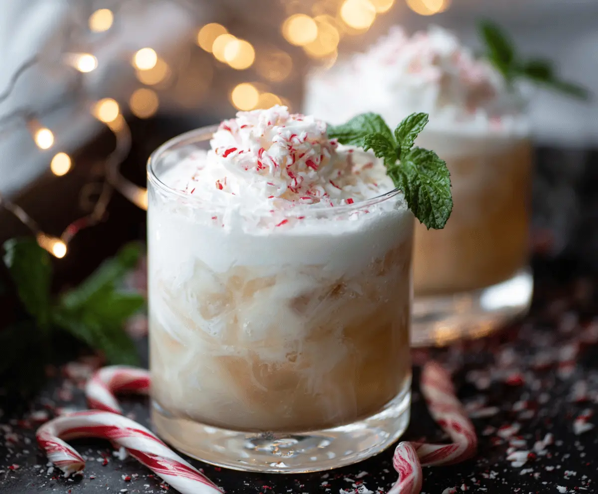 Creamy Peppermint White Russian cocktail garnished with a peppermint stick and whipped cream in a clear glass.
