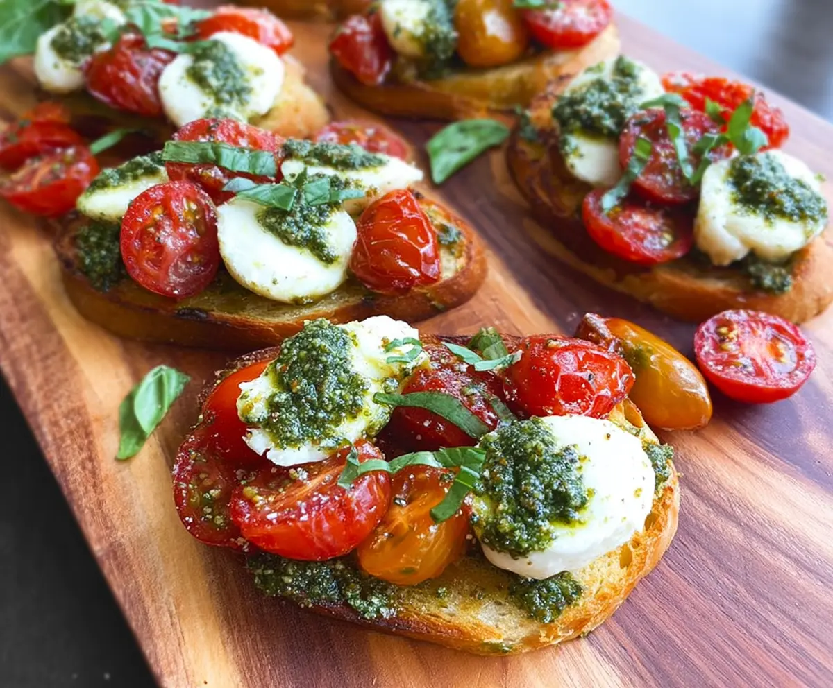 Delicious Pesto Tomato Mozzarella Crostini with fresh basil and melted cheese on toasted baguette slices.