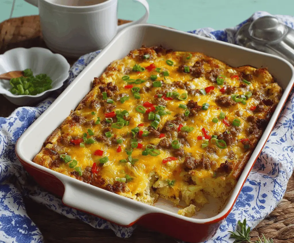 Delicious Pioneer Woman Sausage Breakfast Casserole with eggs, cheese, and sausage in a baked dish.