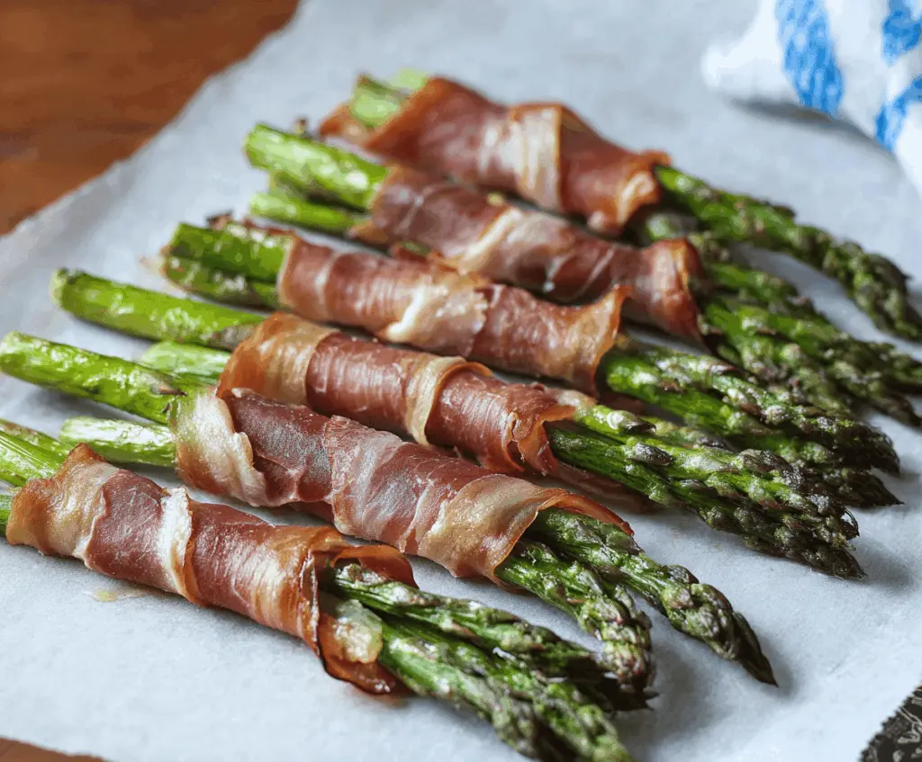 Delicious prosciutto-wrapped asparagus spears, perfect for appetizers or snacks.