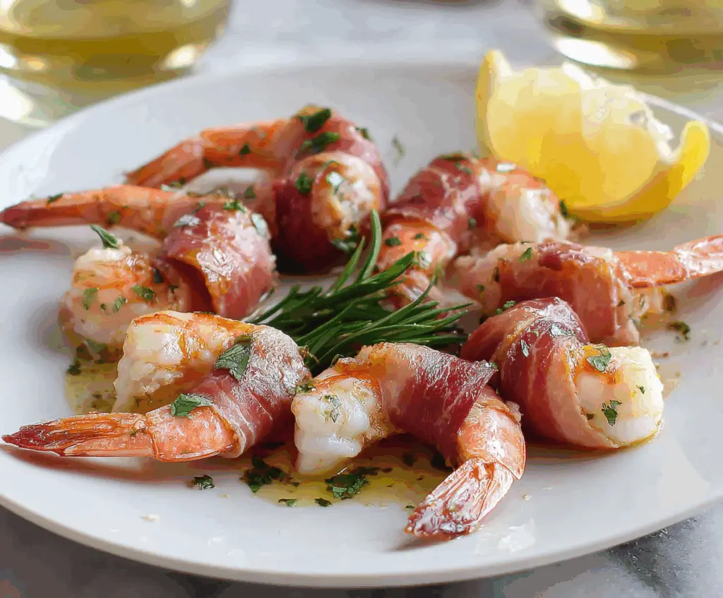 Delicious prosciutto wrapped shrimp on a plate, garnished with herbs for an elegant appetizer.