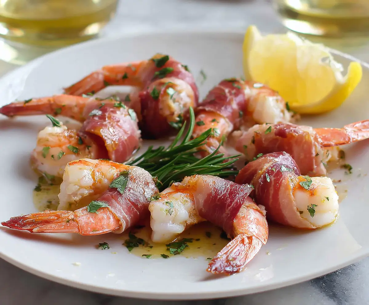 Delicious prosciutto wrapped shrimp on a plate, garnished with herbs for an elegant appetizer.