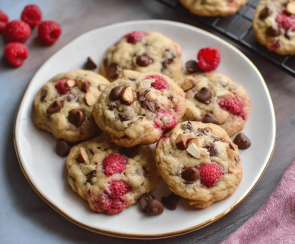 Delicious raspberry almond chocolate chip cookies fresh out of the oven with melted chocolate and crunchy almonds.