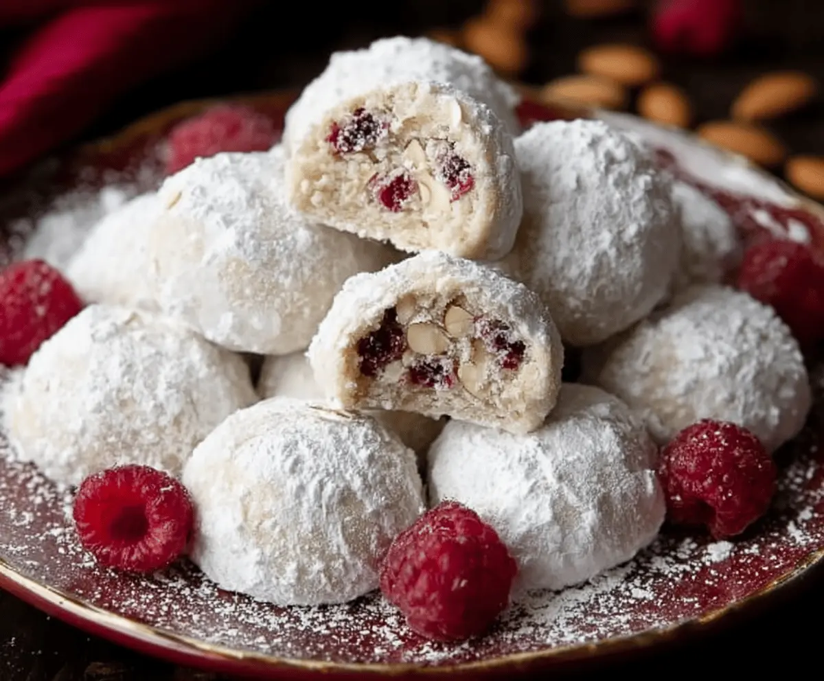 Delicious Raspberry Almond Snowball Cookies covered in powdered sugar on a festive plate.