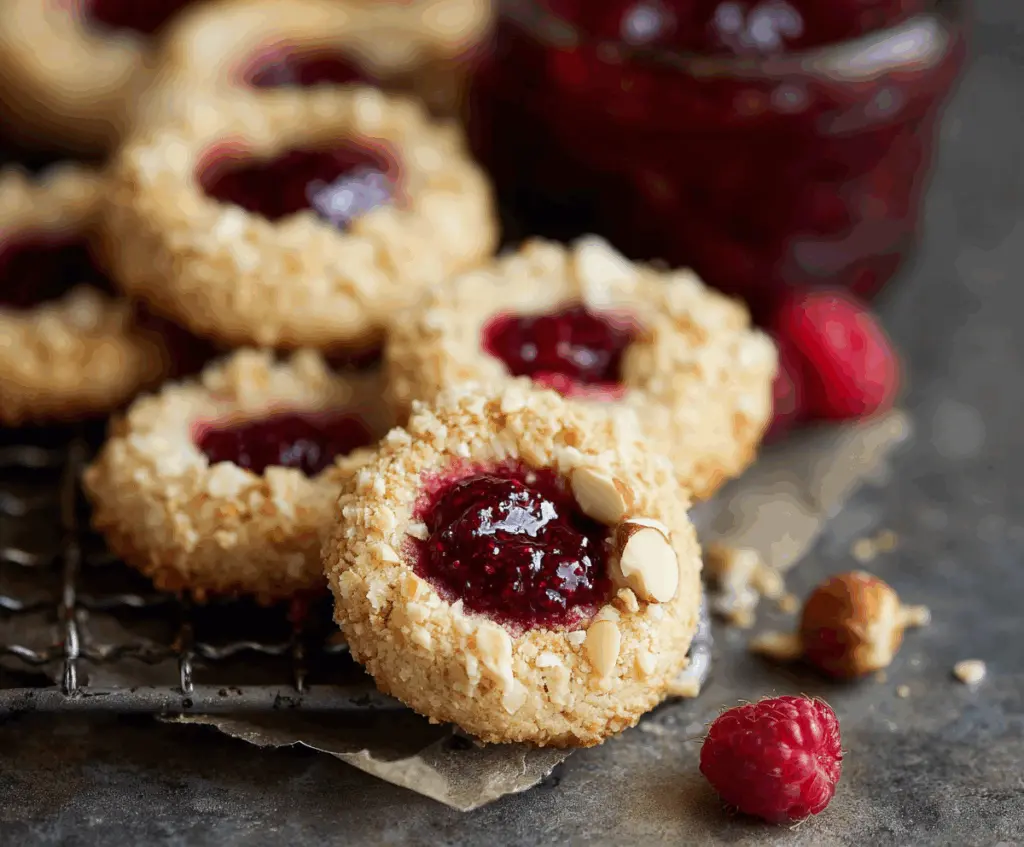 Delicious Raspberry and Hazelnut Thumbprint Cookies on a platter, showcasing a golden crust filled with raspberry jam and topped with chopped hazelnuts.
