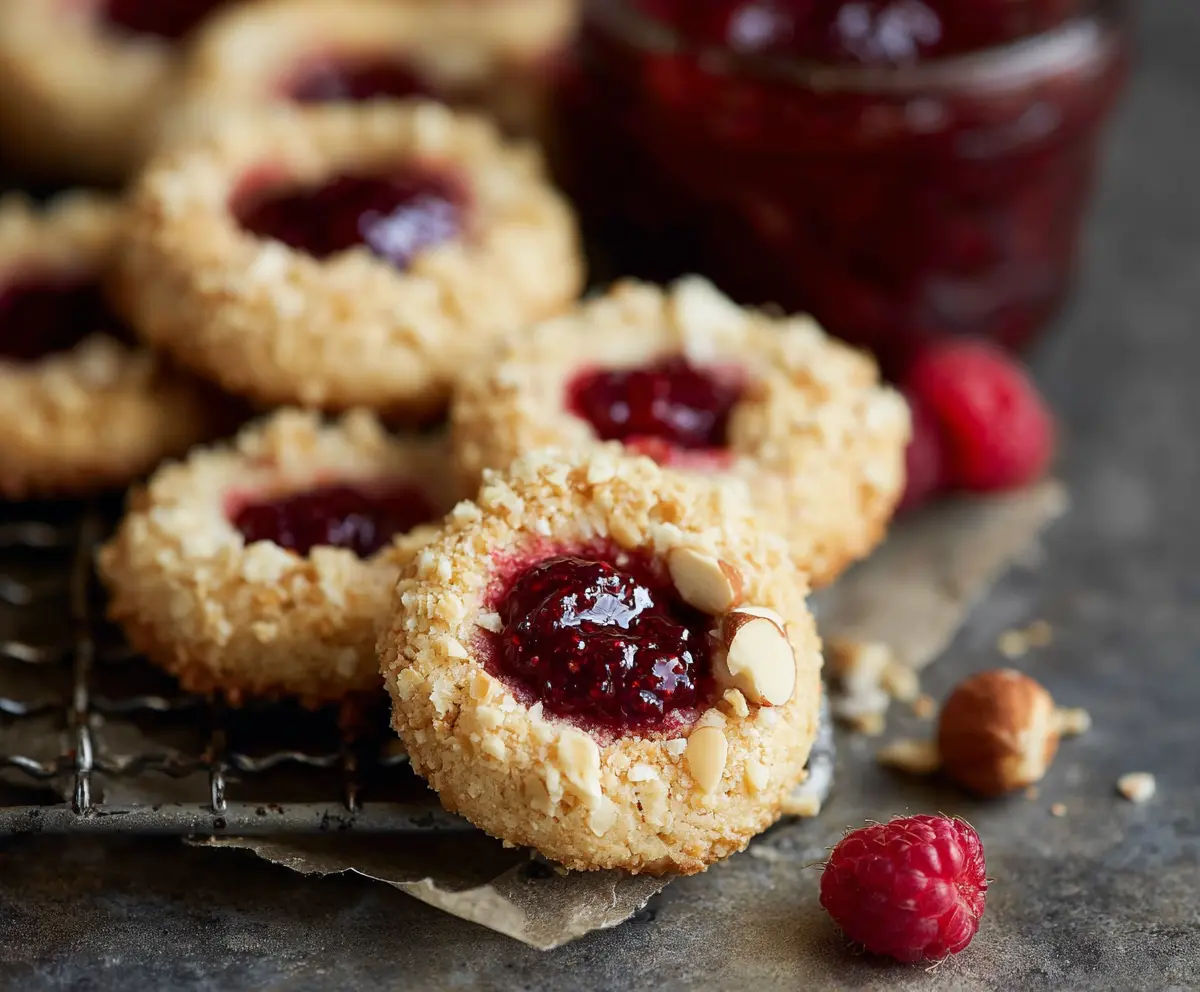Delicious Raspberry and Hazelnut Thumbprint Cookies on a platter, showcasing a golden crust filled with raspberry jam and topped with chopped hazelnuts.