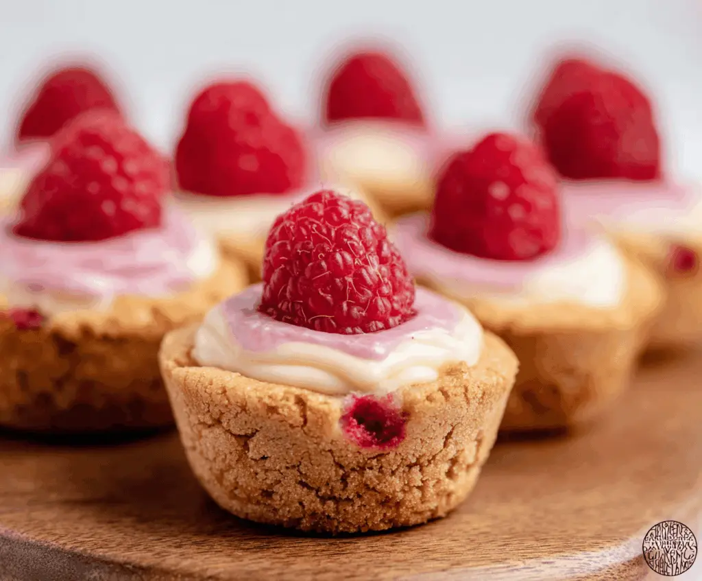 Delicious raspberry cheesecake cookie cups with fresh berries and creamy filling