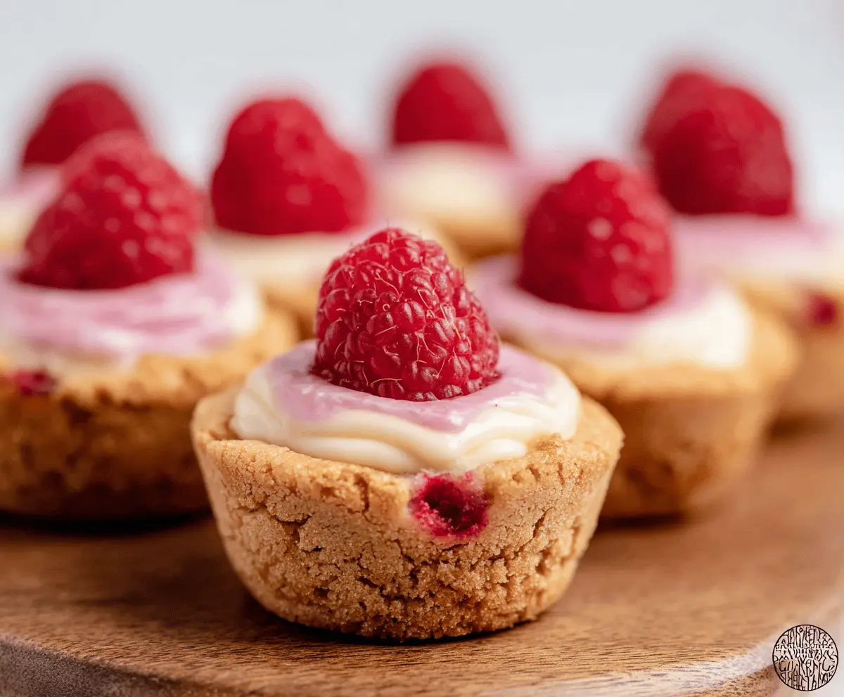 Delicious raspberry cheesecake cookie cups with fresh berries and creamy filling