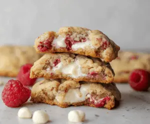 Delicious raspberry cheesecake stuffed cookies with a golden-brown exterior and a creamy, raspberry-filled center.