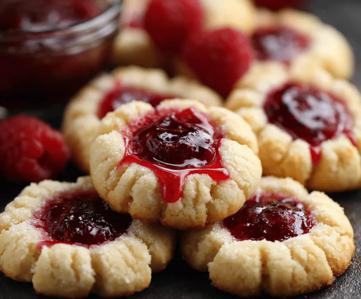 Delicious Raspberry Cheesecake Thumbprint Cookies with vibrant raspberry filling and creamy cheesecake topping.