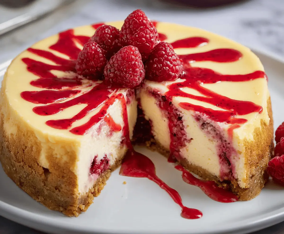 Delicious homemade raspberry cheesecake with a creamy topping and fresh raspberries on top.