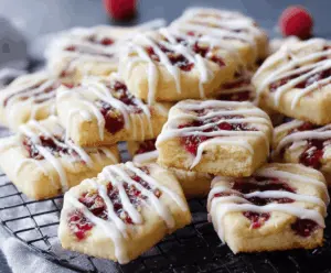 Delicious Raspberry Drizzle Shortbread Cookies topped with fresh raspberries and a sweet glaze.