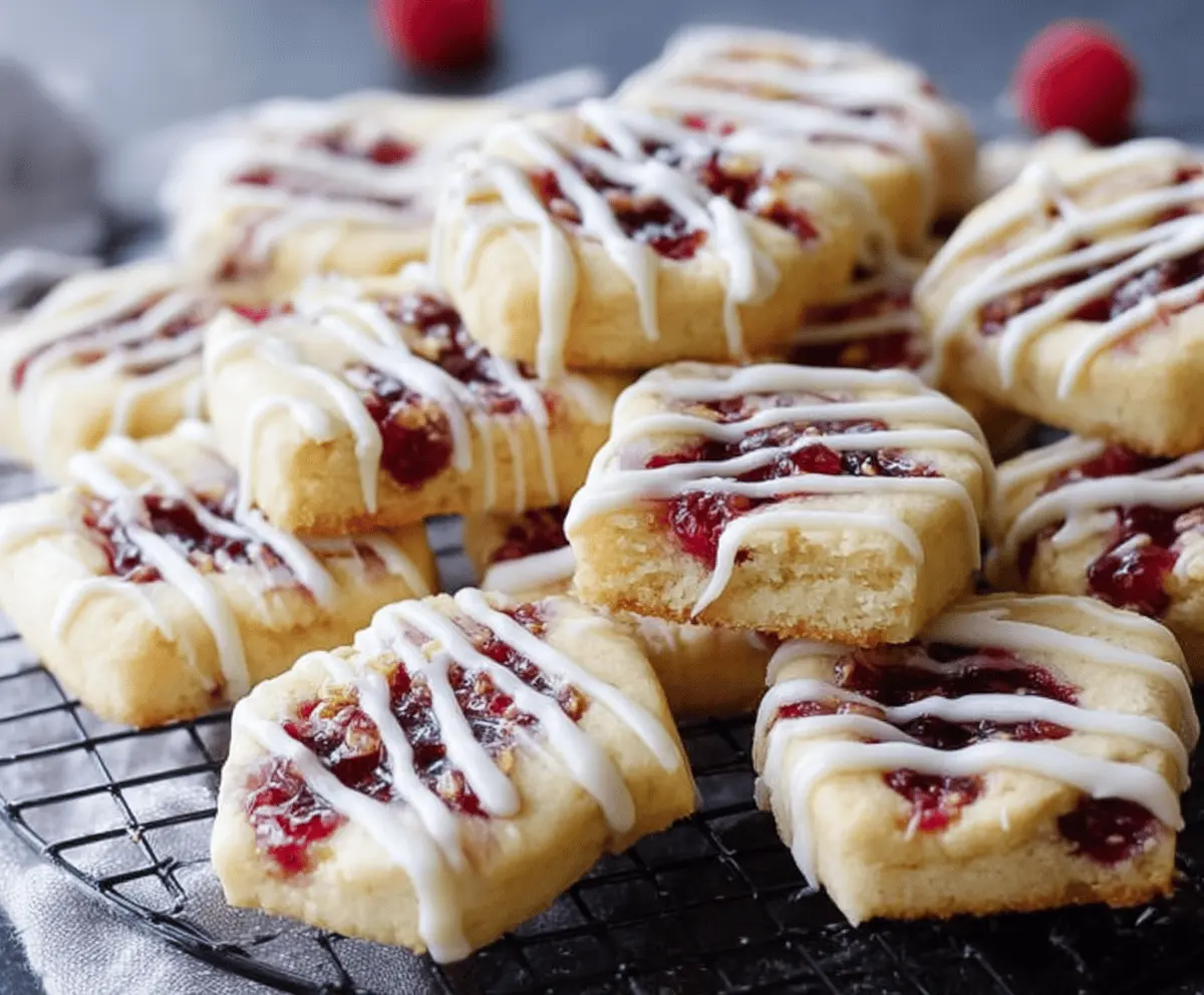 Delicious Raspberry Drizzle Shortbread Cookies topped with fresh raspberries and a sweet glaze.
