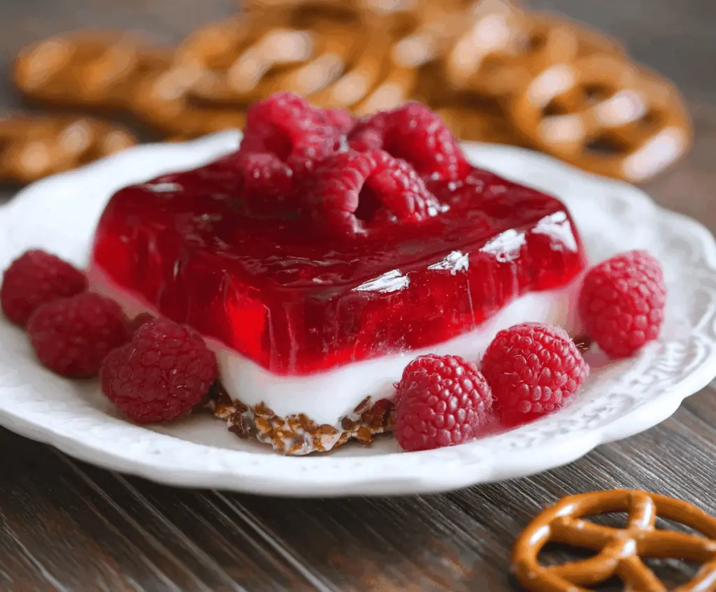 Delicious Raspberry Pretzel Jello dessert with vibrant red berries and crispy pretzel crust.