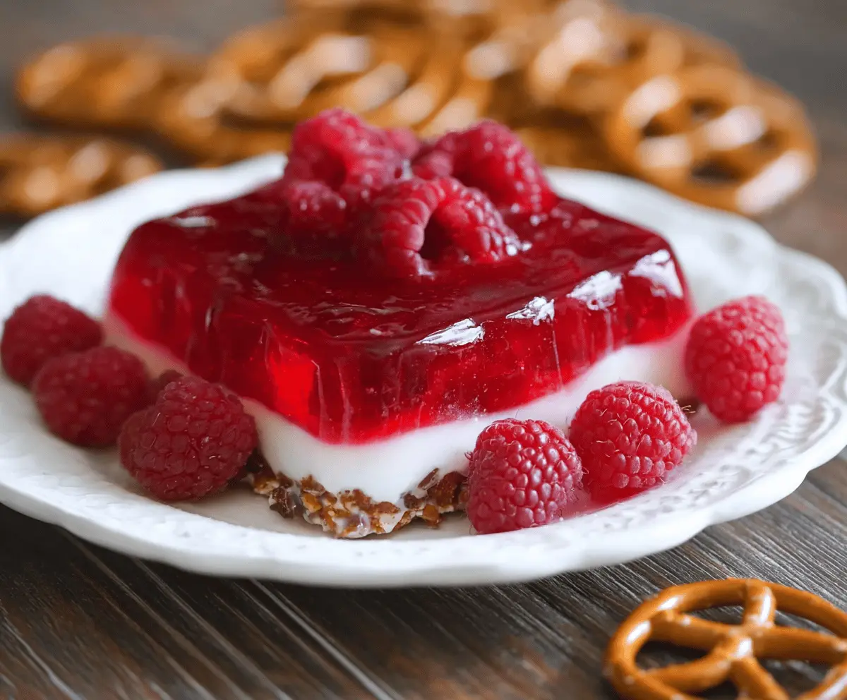 Delicious Raspberry Pretzel Jello dessert with vibrant red berries and crispy pretzel crust.