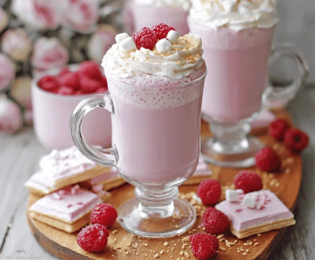 Delicious Raspberry White Hot Chocolate in a cozy mug topped with whipped cream and fresh raspberries.