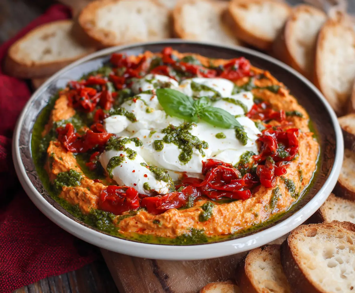 Delicious roasted red pepper goat cheese pesto dip served in a bowl, perfect for dipping bread or crackers.