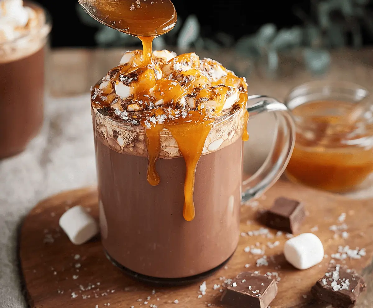 Warm salted caramel hot chocolate in a mug with whipped cream and a caramel drizzle, perfect for cozy winter evenings.