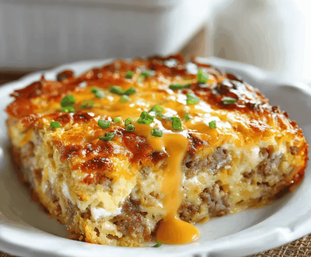 Delicious Sausage Egg Cream Cheese Hashbrown Breakfast Casserole ready to serve
