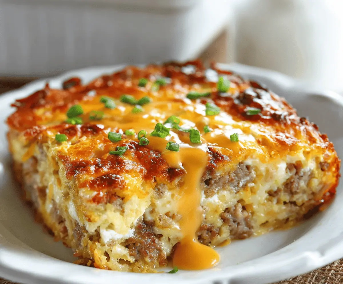 Delicious Sausage Egg Cream Cheese Hashbrown Breakfast Casserole ready to serve
