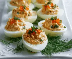 Delicious smoked salmon stuffed eggs garnished with herbs on a white plate.