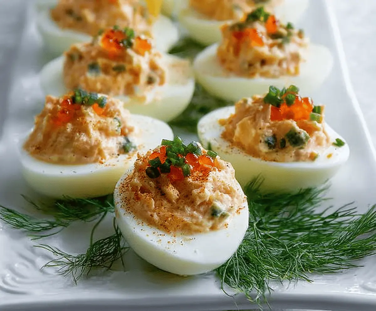 Delicious smoked salmon stuffed eggs garnished with herbs on a white plate.