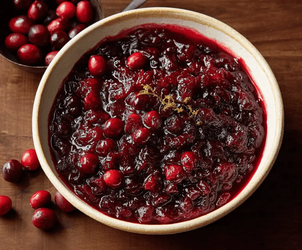 Homemade spiced cranberry sauce with cinnamon and cloves for festive holiday meals