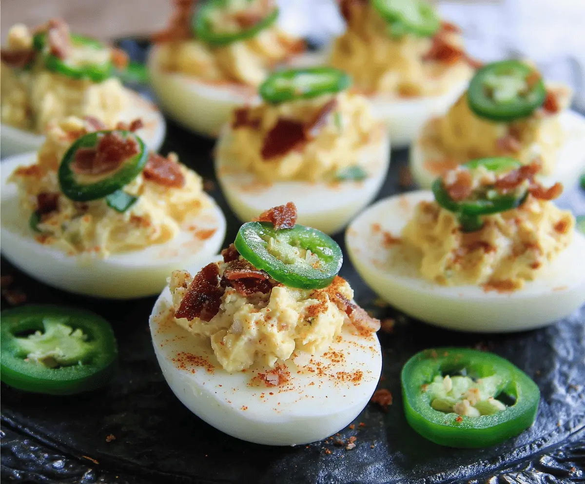 Creamy deviled eggs filled with spicy jalapeño peppers and topped with paprika for garnish.