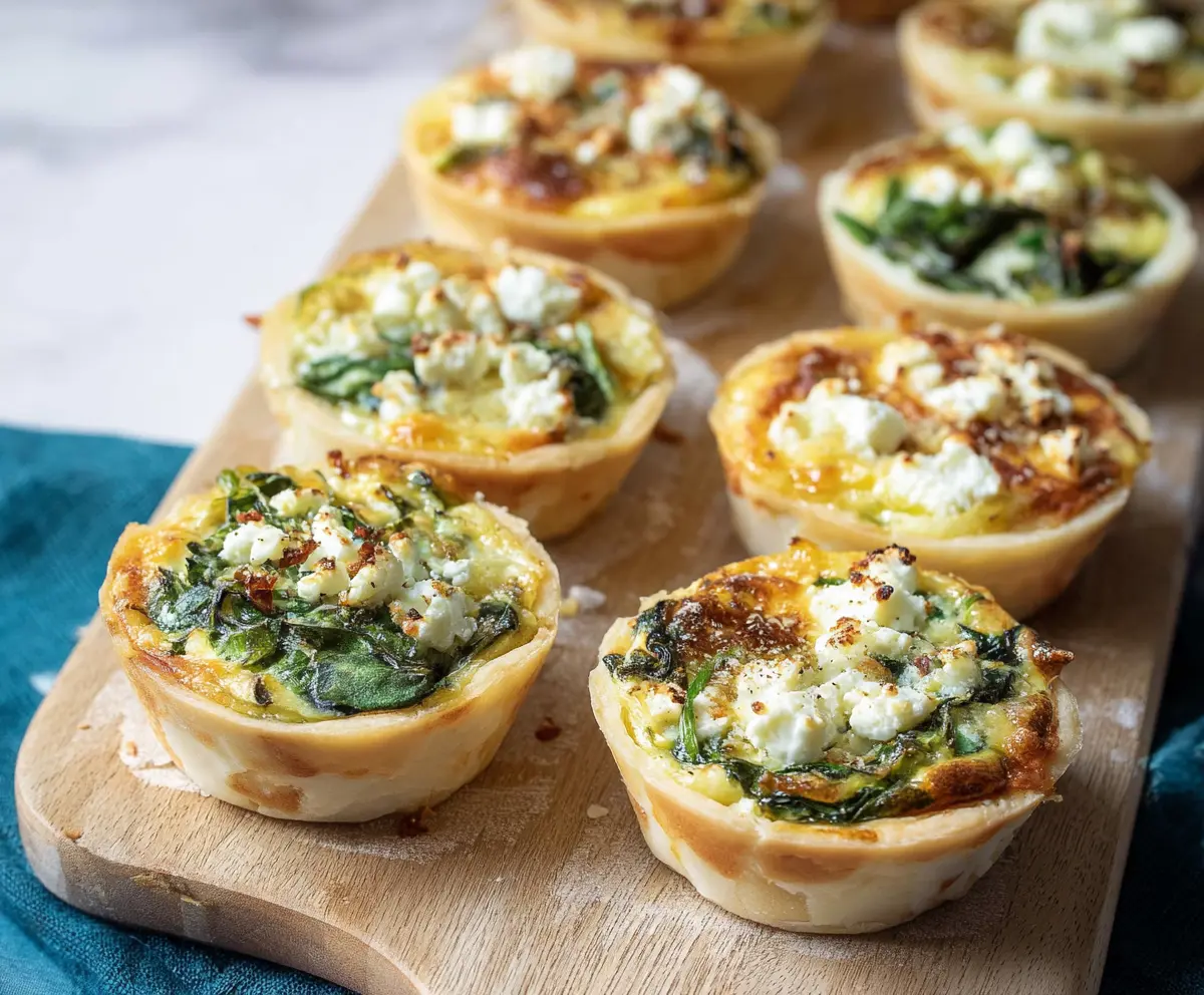 Delicious spinach and feta mini quiches baked to perfection, perfect for brunch or appetizer menus.