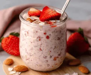 Creamy strawberry overnight oats in a glass jar topped with fresh strawberries and chia seeds.