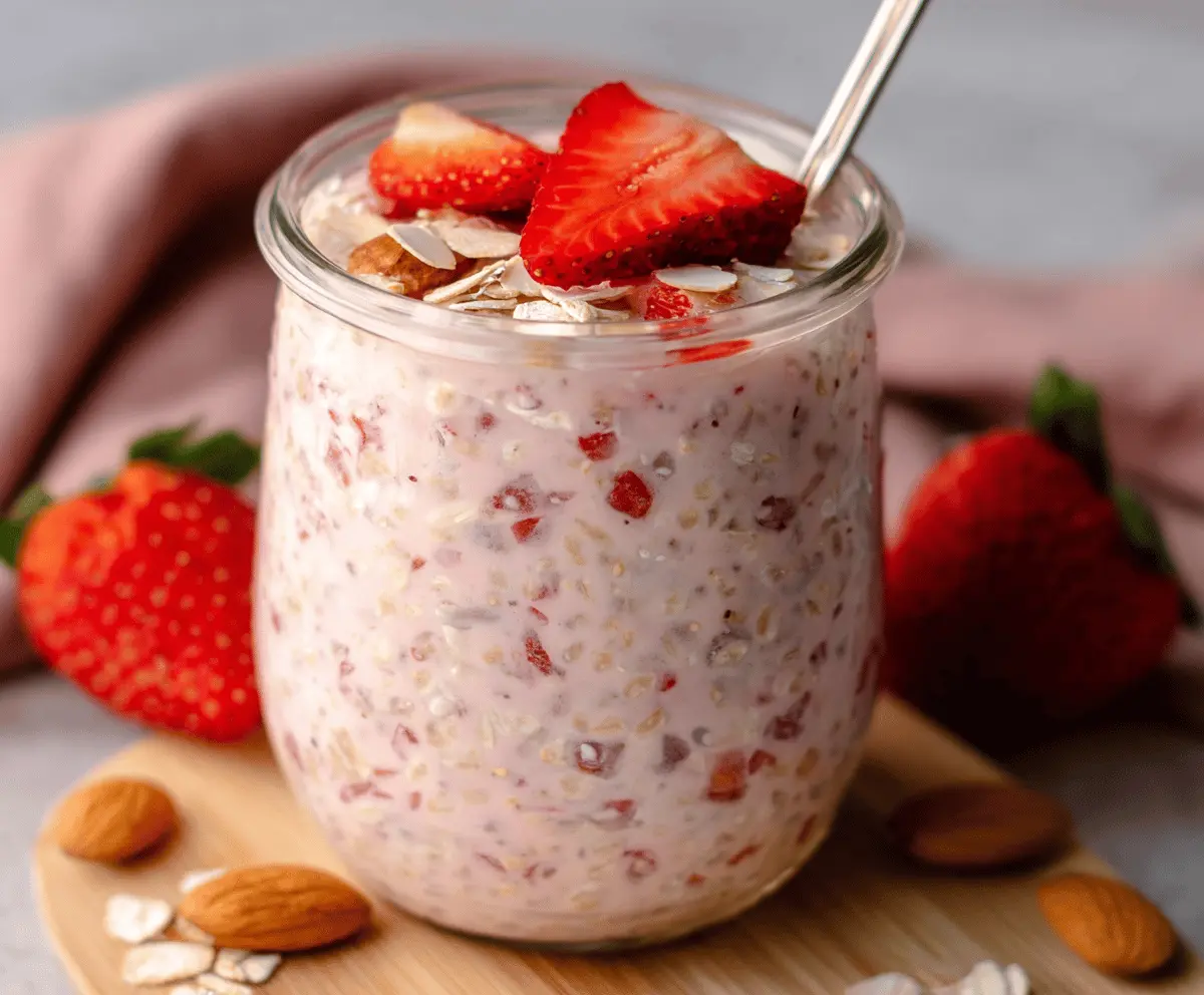 Creamy strawberry overnight oats in a glass jar topped with fresh strawberries and chia seeds.