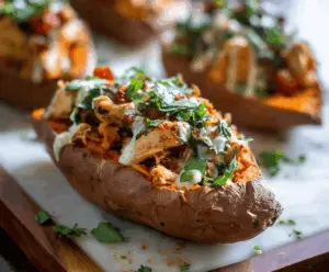 Delicious stuffed sweet potato filled with tender chicken and nutritious toppings, perfect for a healthy meal.