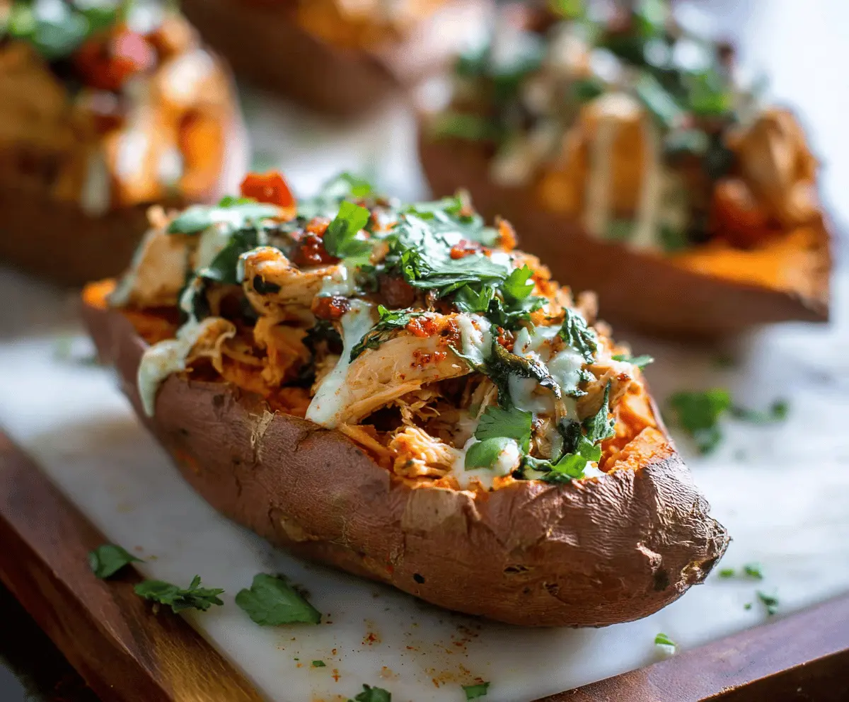 Delicious stuffed sweet potato filled with tender chicken and nutritious toppings, perfect for a healthy meal.
