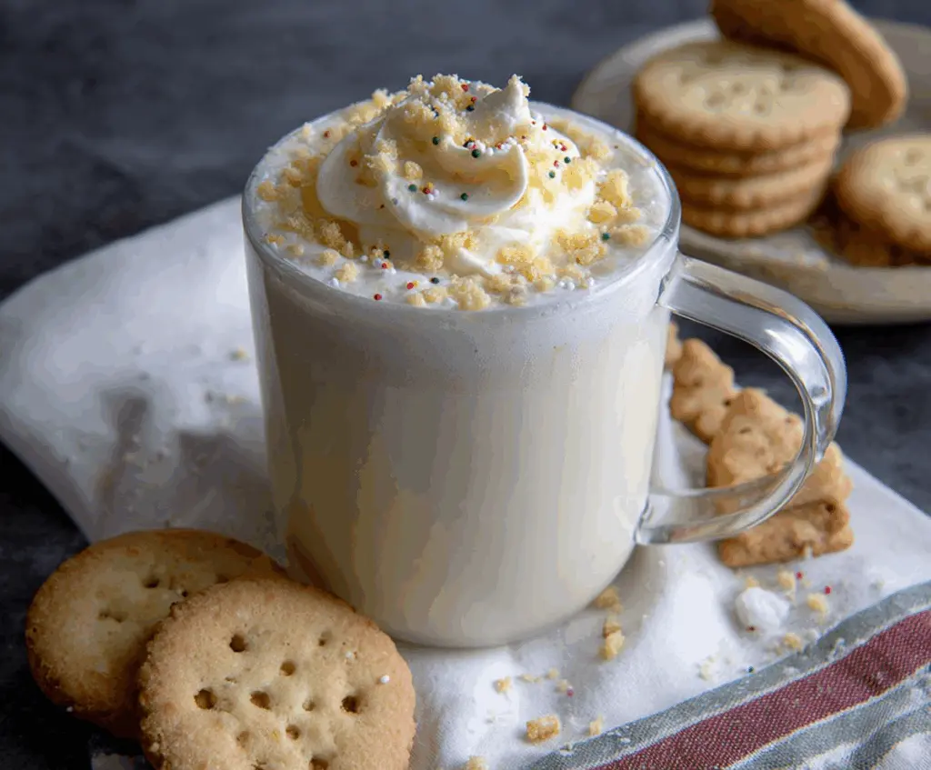 Creamy Sugar Cookie White Hot Chocolate topped with whipped cream and sprinkles, perfect for cozy winter drinks.