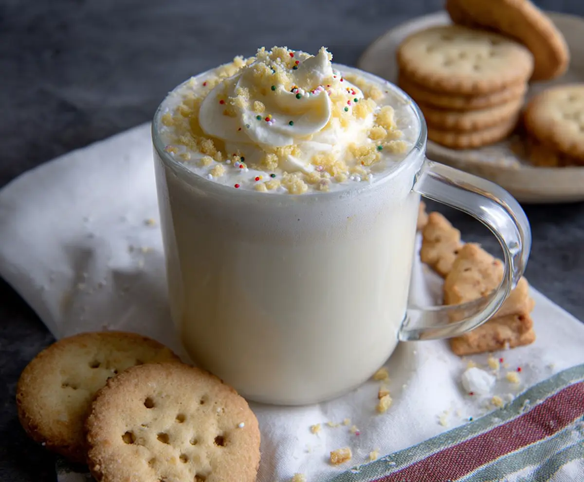 Creamy Sugar Cookie White Hot Chocolate topped with whipped cream and sprinkles, perfect for cozy winter drinks.