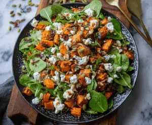 Colorful sweet potato and feta cheese salad served in a bowl, perfect for a healthy meal.