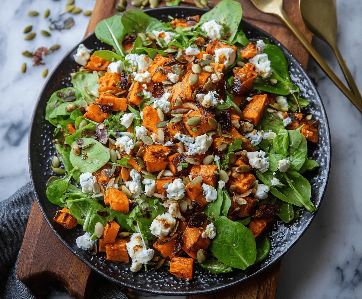 Colorful sweet potato and feta cheese salad served in a bowl, perfect for a healthy meal.